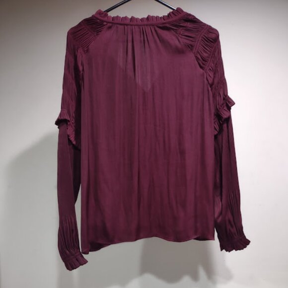 VICI MAROON BLOUSE HIGHLY RUCHED AND RUFFLED ARMS AND CUFFS HIGH LOW HEM SMALL - Picture 5 of 10